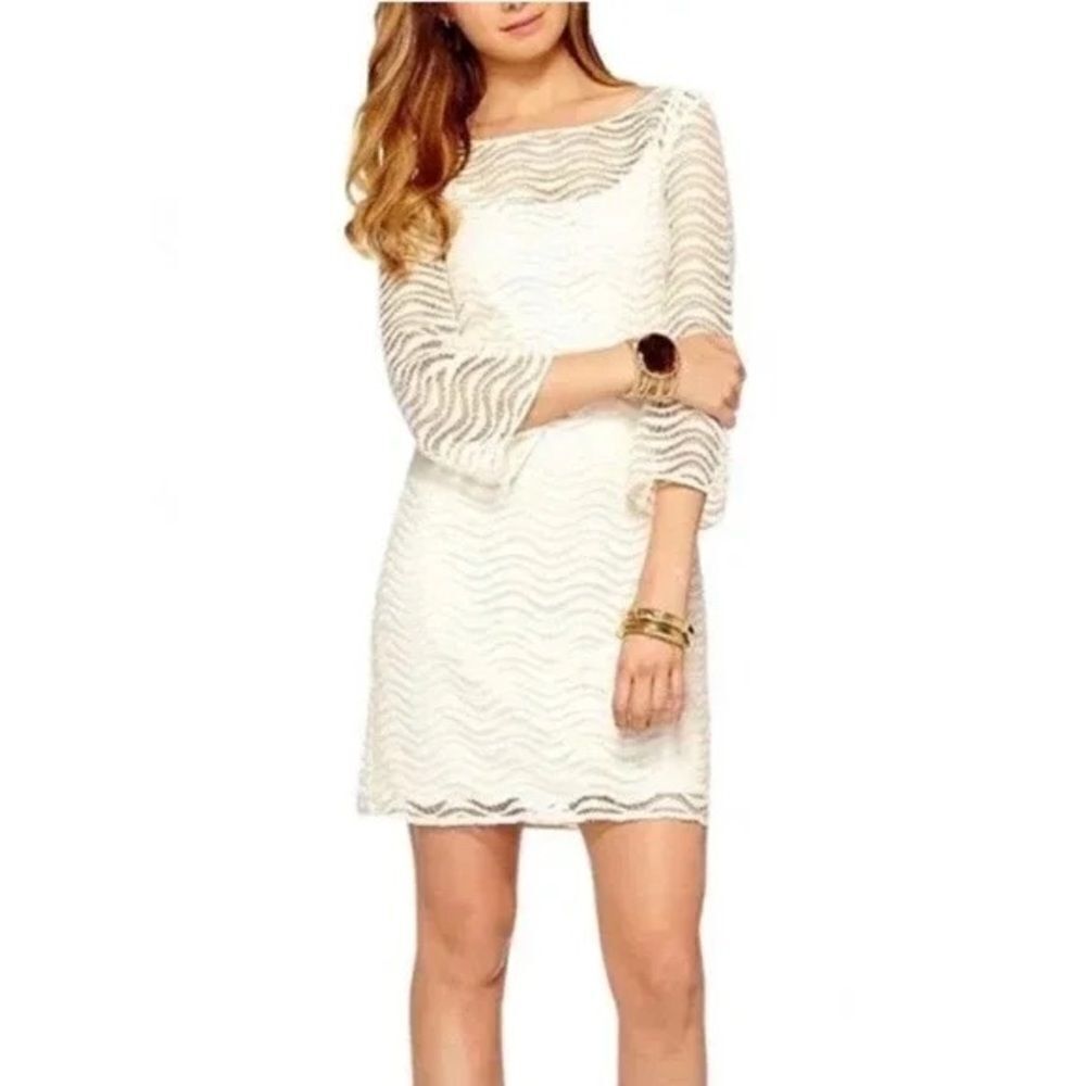 Lilly Pulitzer Topanga Dress Size XS Cameo White Wavy Knit Lace 3/4 Sleeve